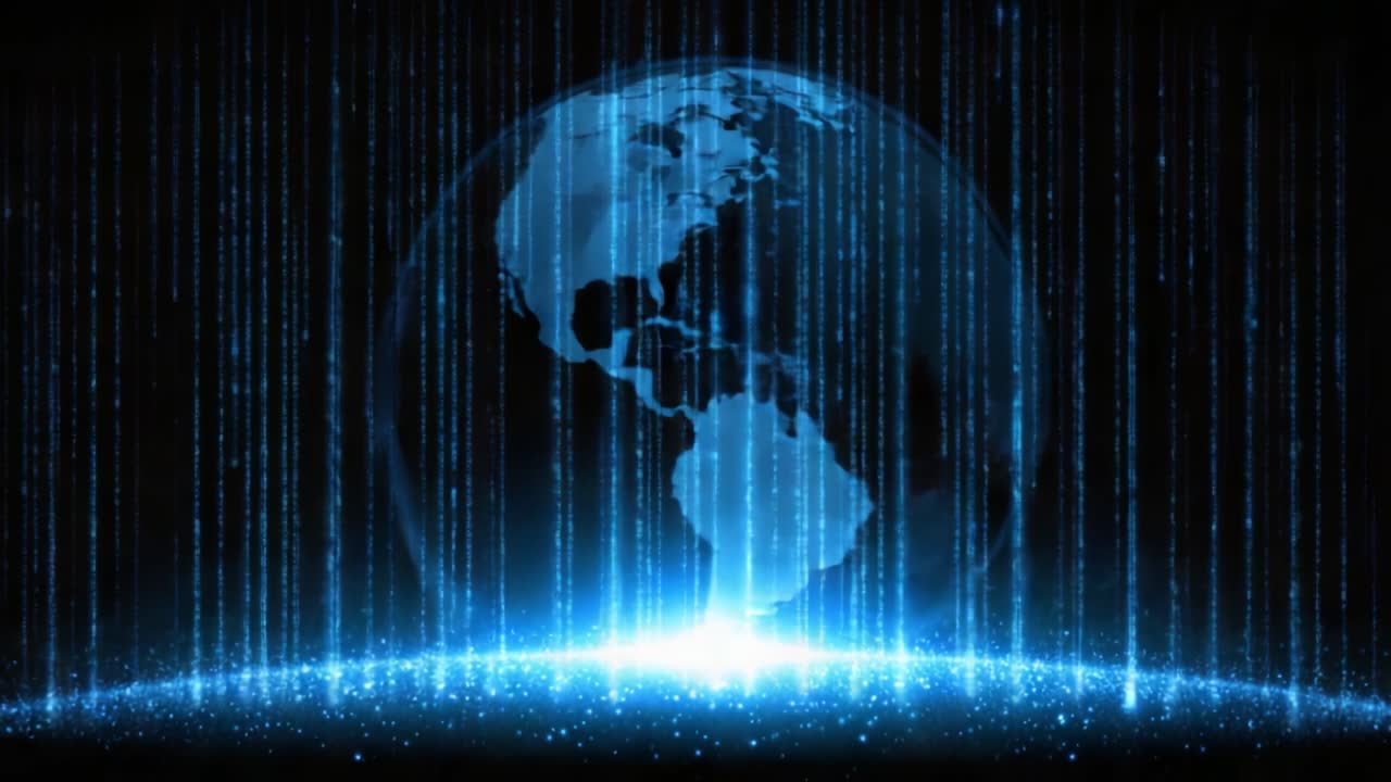 A Digital World: Exploring the Brilliant Illumination of a Globe Surrounded by a Matrix of Radiant Blue Data Streams and Sparkling Particles on a Dark Background