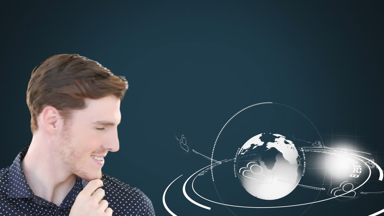 회전하는 지구 위에서 미소 짓는 백인 남자의 애니메이션