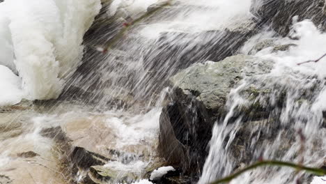 el agua choca contra las rocas en el fondo de una cascada en una escena invernal de nueva inglaterra