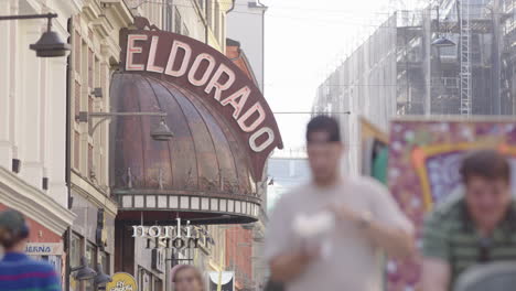 famous torggata pedestrian street in central oslo, view of eldorado cinema sign