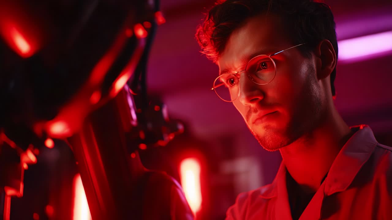 A focused scientist in a laboratory setting, immersed in a moment of deep concentration, illuminated by striking red lighting, symbolizing innovation and exploration in the realm of scientific research