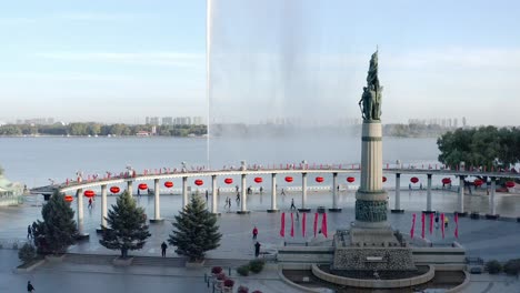 stalin park, or the flood control monumnet is a historic centre piece in tribute to people working to control the great flood waters. day, morning shadows decorations for national day famous waterjet