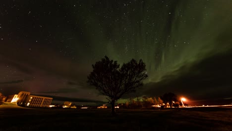 Zeitraffer-Von-Erstaunlichen-Nordlichtern,-Gefilmt-In-Island-Mit-Wunderschönem-Solo-Baum-Im-Vordergrund