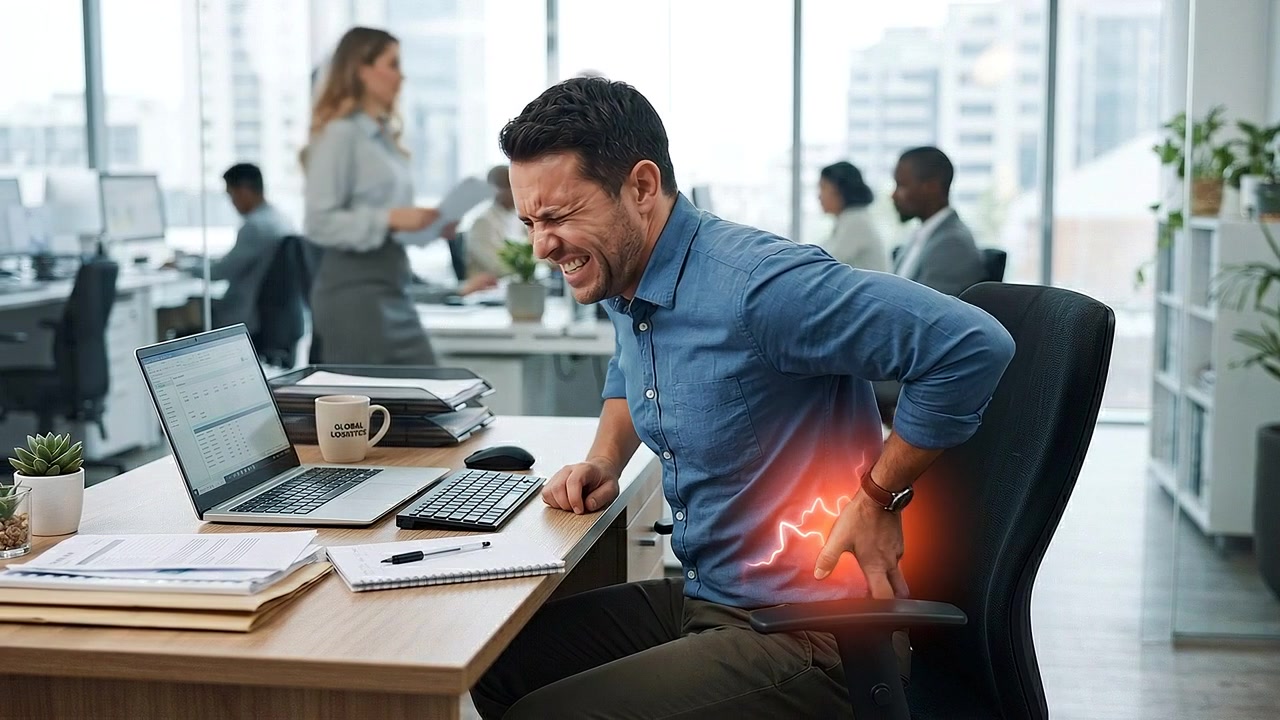 Office worker pressing glowing lower back while seated at desk in realistic medical scene