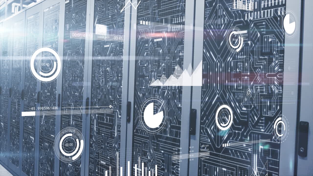 Animation of data processing, light spot and microprocessor connections against computer server room