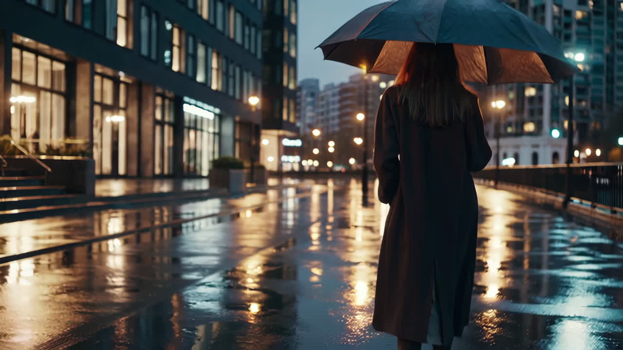 Woman Walking in the Rain at Night