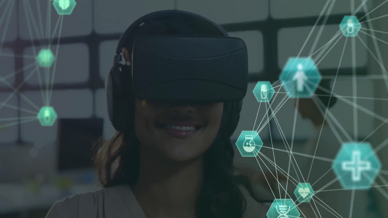 Animation of network of connections with icons over african american woman using vr headset
