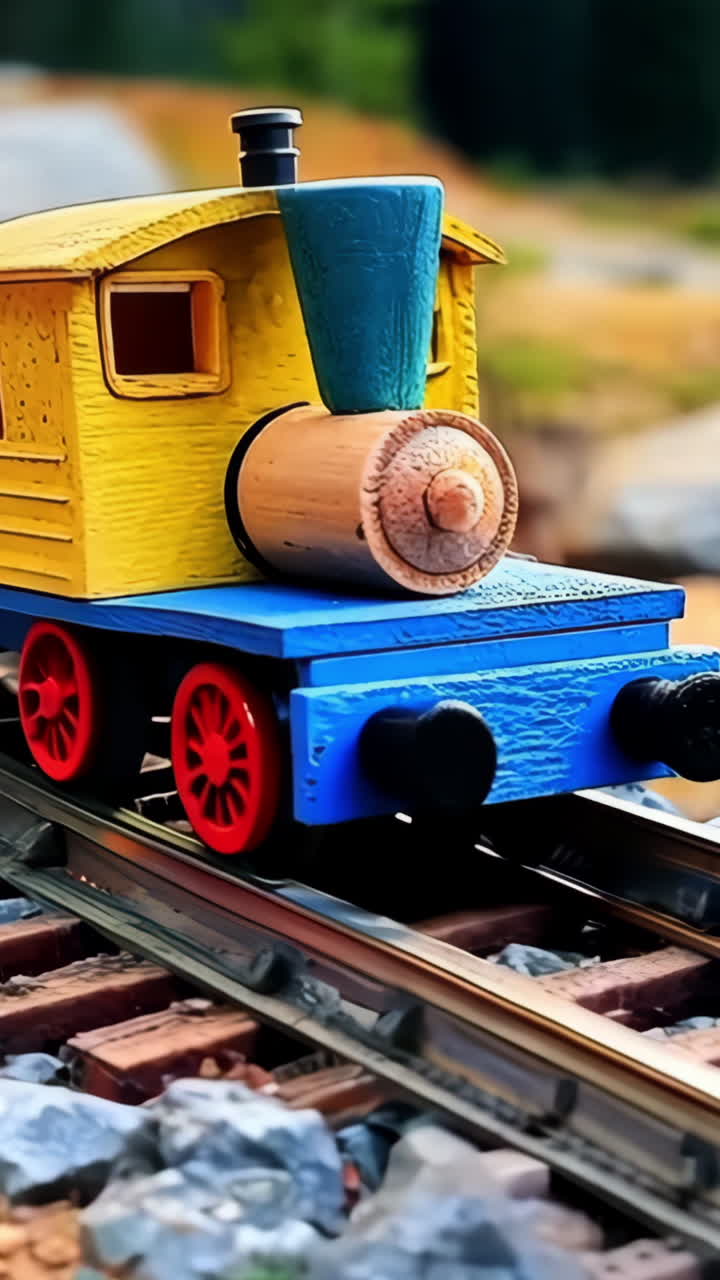 A toy train is on a track with a yellow and blue caboose. The train is made of wood and has a whistle on top. Scene is playful and nostalgic, as it evokes memories of childhood and simpler times