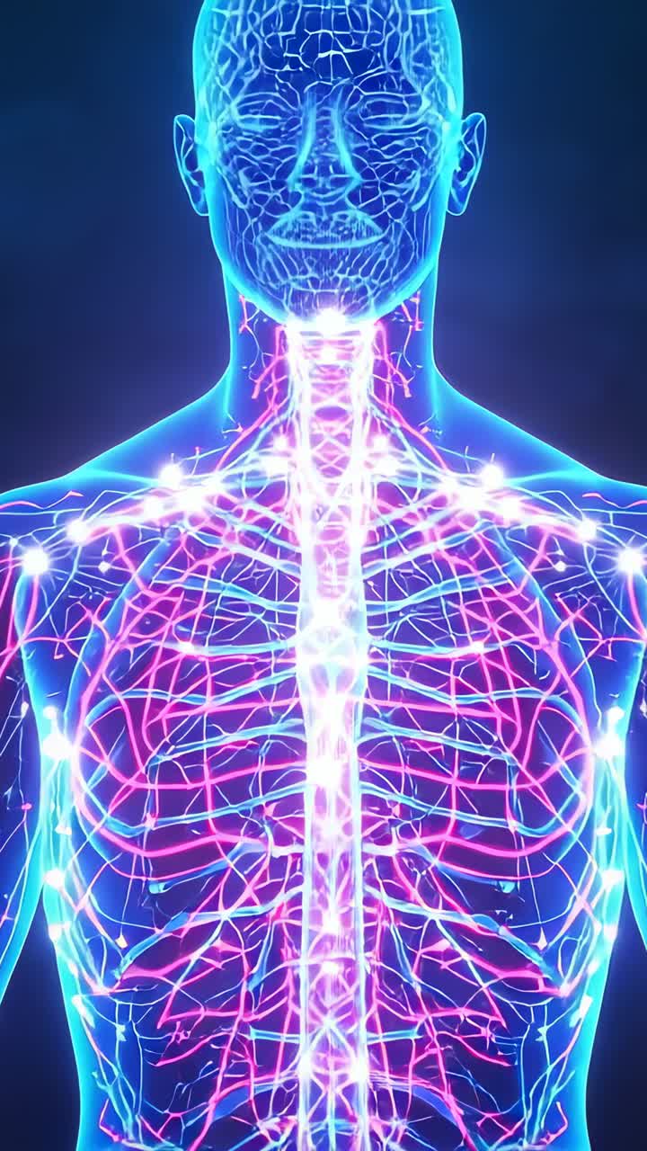 Vertical video: Sparking light nodes pulsing along pink vessels on 3D torso model in virtual space