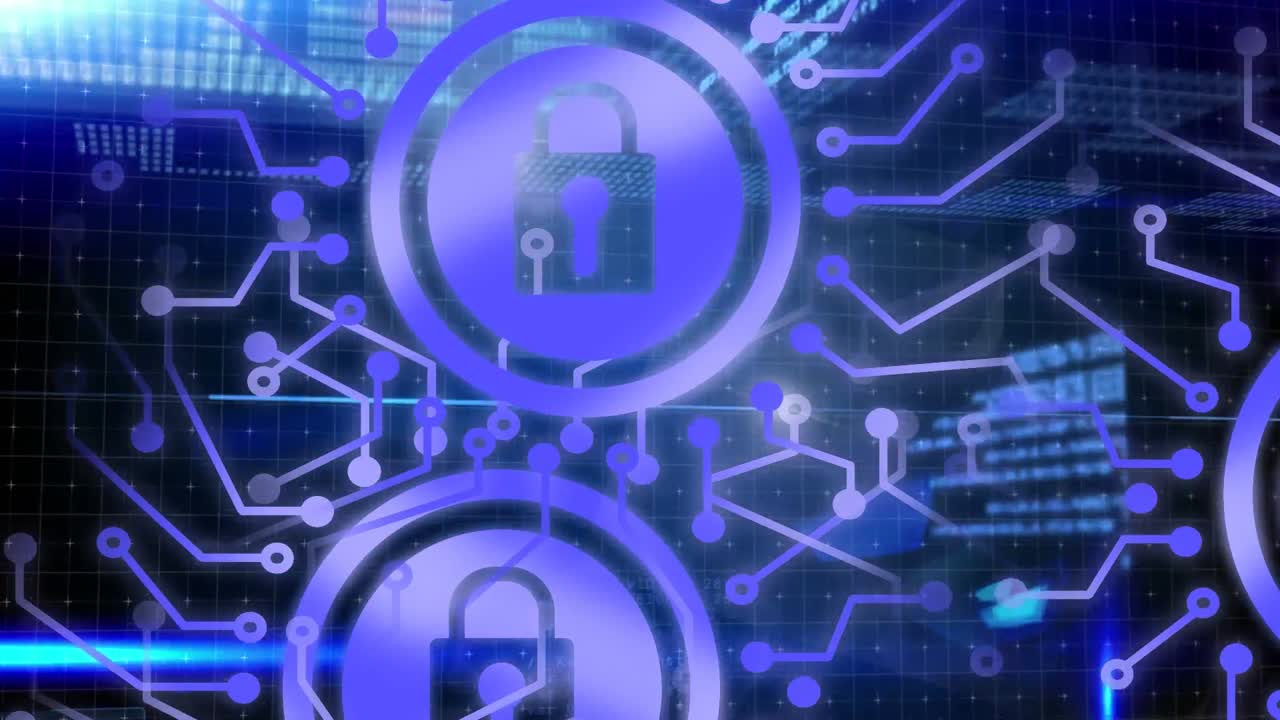 animación de la red de conexiones con iconos de seguridad de candado a través de codificación binaria