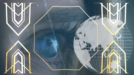 animation of gold shapes and globe over eye of caucasian woman