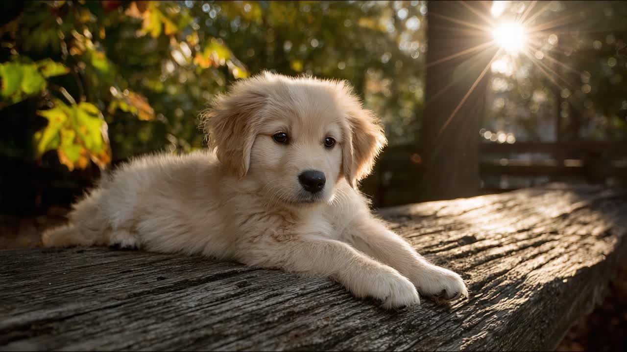 A Cute Golden Retriever Puppy Relaxing on a Sunlit Log Amidst a Natural Forest Setting, Capturing the Beauty of Nature and Innocence in Tranquil Moments