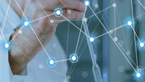 animation of network of connections over caucasian male scientist in laboratory