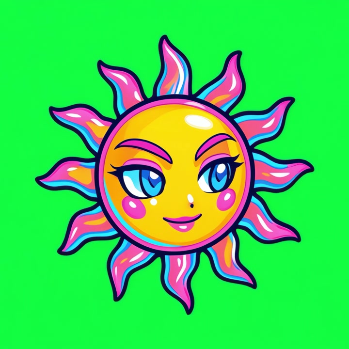 Personaggio sole animato a cartone che ammicca su sfondo verde