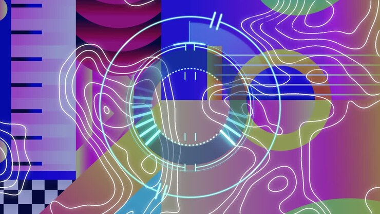 Animation of rotating scanner processing over contour lines and abstract musical instruments