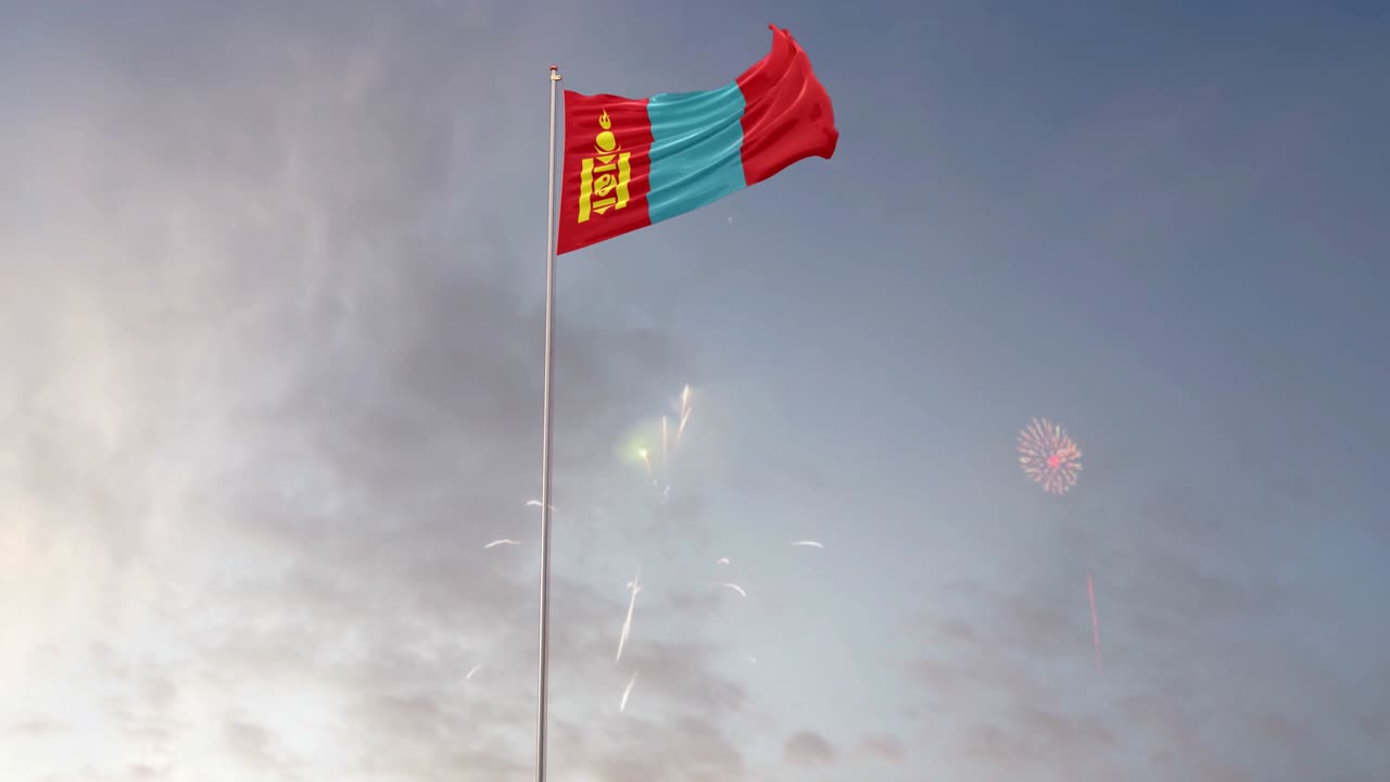 Bandiera della Mongolia con sfondo di fuochi d'artificio
