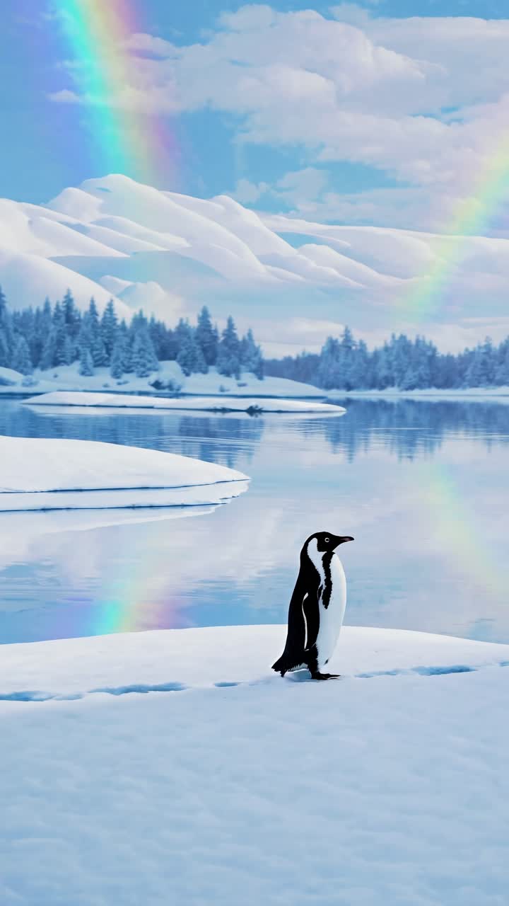 A serene video scene of a penguin on snowy ice, with a wide-angle view capturing vibrant rainbows