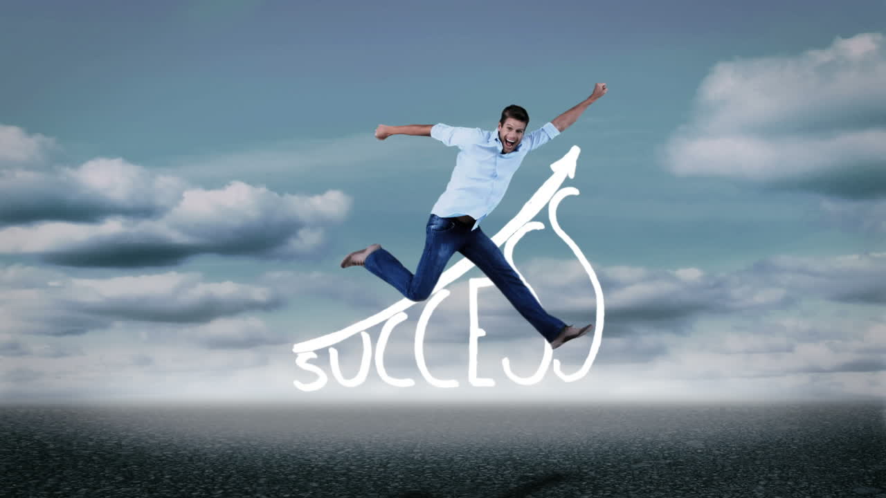 hombre alegre casual saltando delante del éxito gráfico