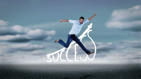 cheerful casual man jumping in front of success graphic