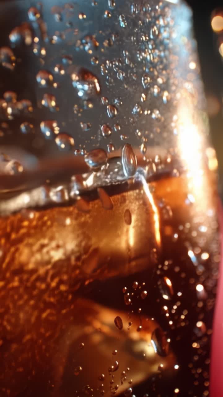 Bollicine e riflesso di una bevanda frizzante in un bicchiere con cubetti di ghiaccio, evidenziando la consistenza invitante e la vivacità dei colori di una bibita rinfrescante.