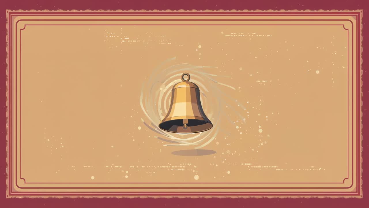 Frame sequence starting golden bell with clapper swinging on parchment, swirls signaling alert