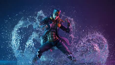 dynamic action pose of a water-splashing figurine in a vibrant scene, capturing the energy and detail of the character's design and movement