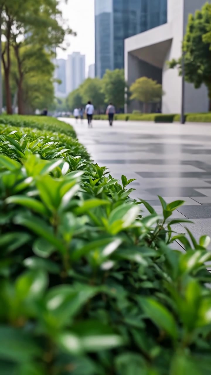 Folhas em primeiro plano começam nítidas e detalhadas, depois suavizam enquanto caminhantes distantes, calçadão pavimentado, árvores frondosas, paisagismo aparado e arquitetura moderna alta se tornam claros