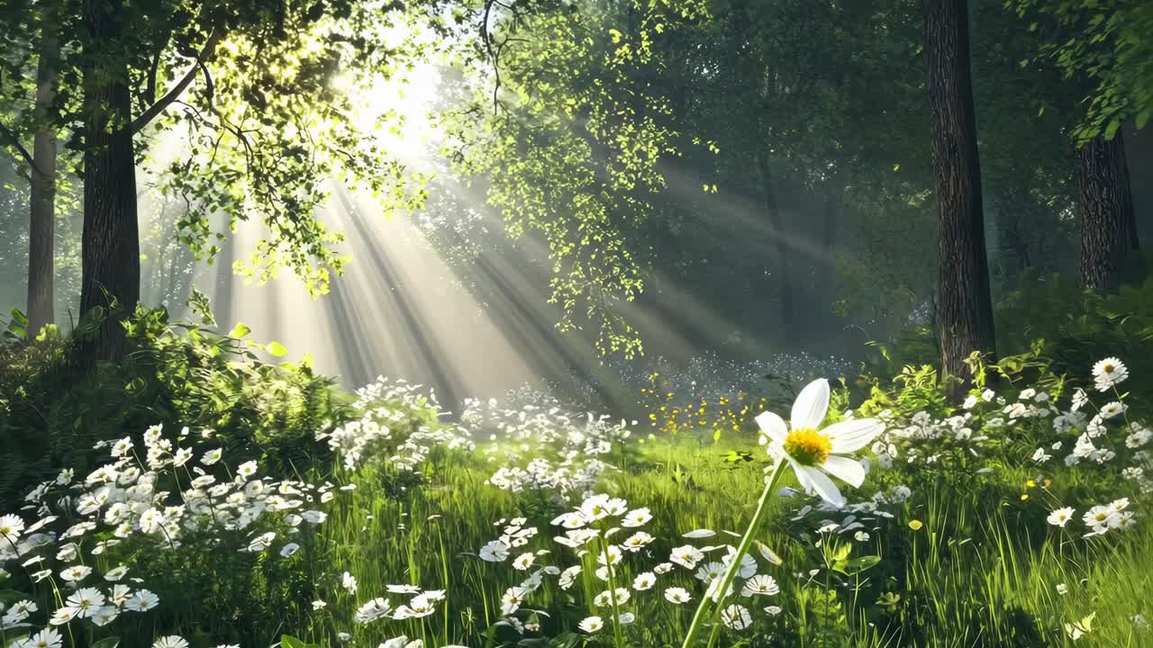 Close-up video of a white flower in a sunlit meadow, captured from a low angle