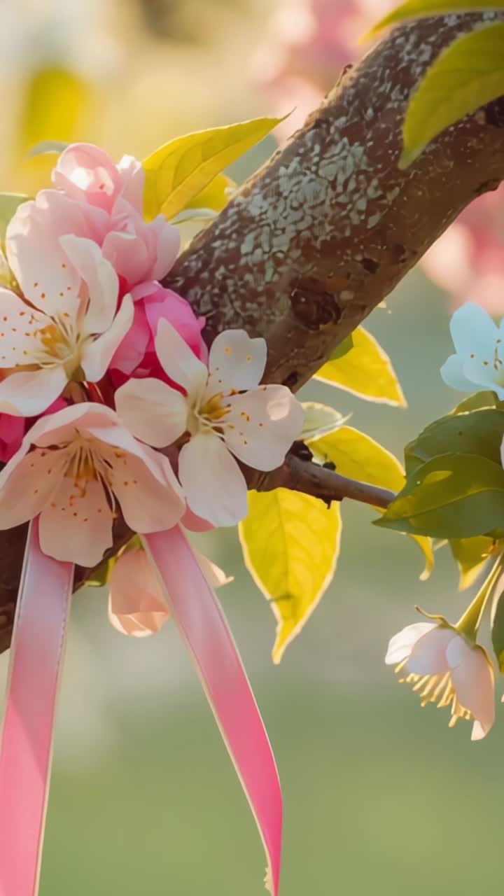 Vertical video: Camera panning blossom branch in garden as breeze causing ribbon tails fluttering