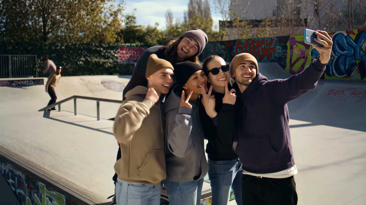 Happy friends taking a selfie at a skatepark