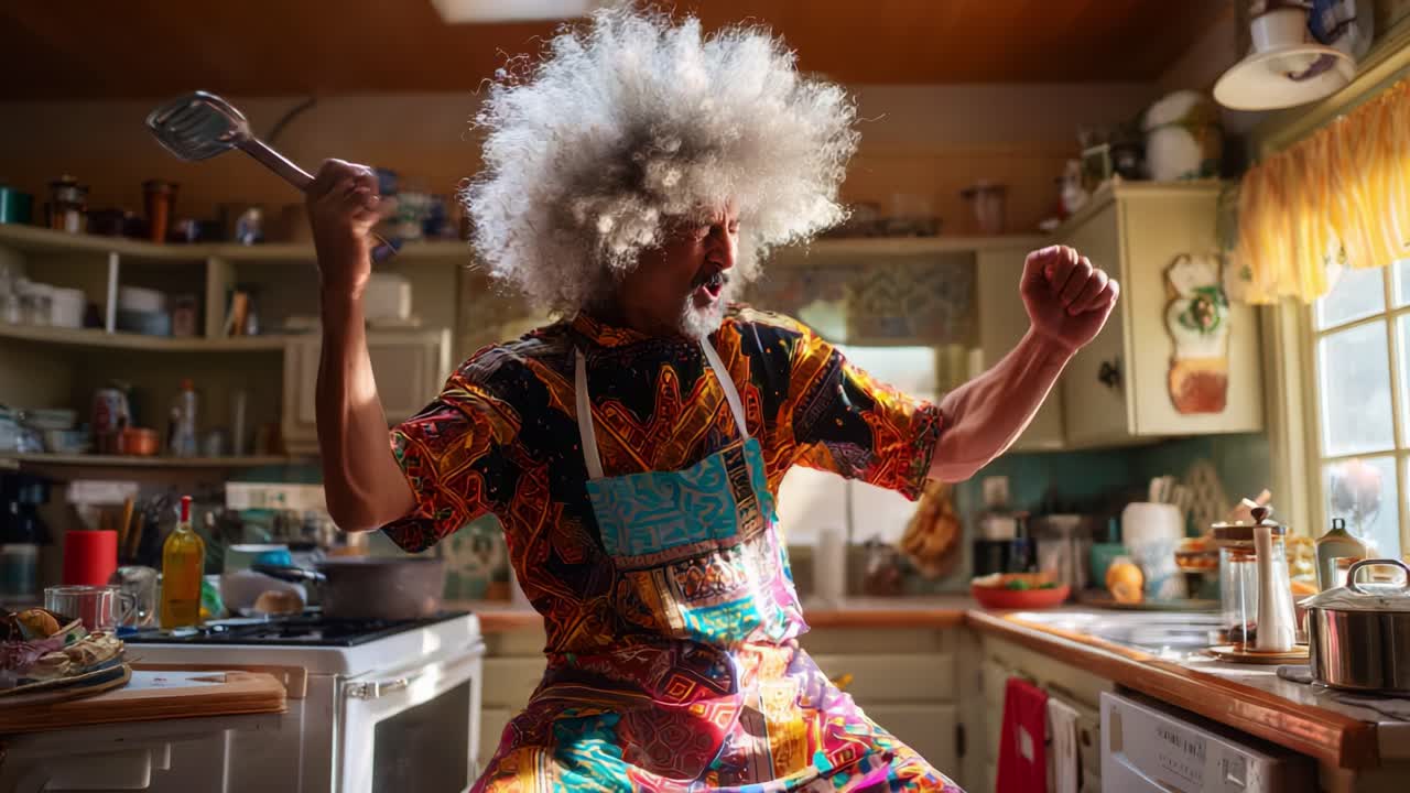 Allegre avventure culinarie: uno chef appassionato celebra la creatività culinaria in una vivace cucina con movimenti dinamici e abiti colorati, abbracciando l'arte della cucina e l'esplorazione dei sapori