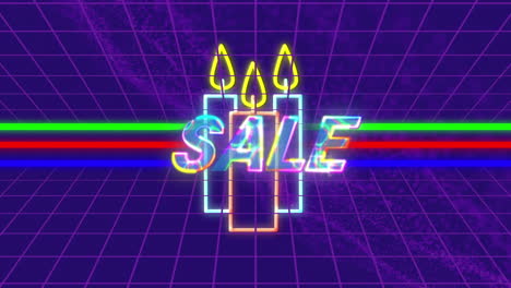 animation of sale text over neon candles and lines on purple background