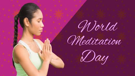 animation of world meditation day text with biracial woman meditating on purple background