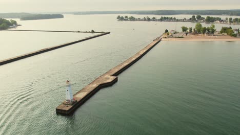 Drone-shot-backing-upof-the-small-light-house-at-Sodus-point-New-York-vacation-spot-at-the-tip-of-land-on-the-banks-of-Lake-Ontario