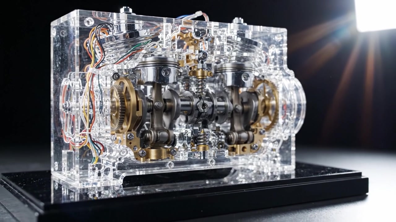 A Close-Up View of an Intricate Transparent Engine Model Showcasing Detailed Mechanical Components and Wiring in a Modern Design
