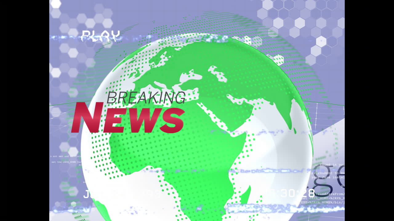 Digital globe with glitch effects and hexagonal patterns for breaking news animation