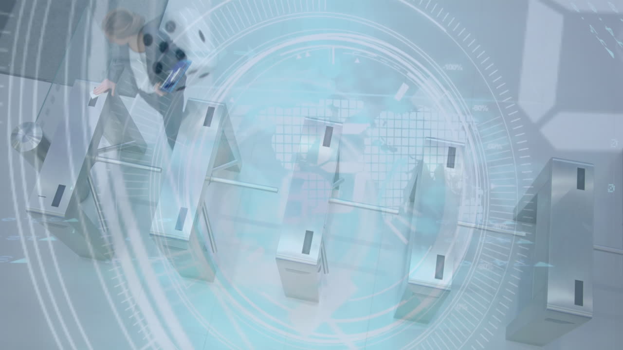 사무실에서 걸어다니는 다양한 사업가 여성들에 대한 데이터 처리 애니메이션