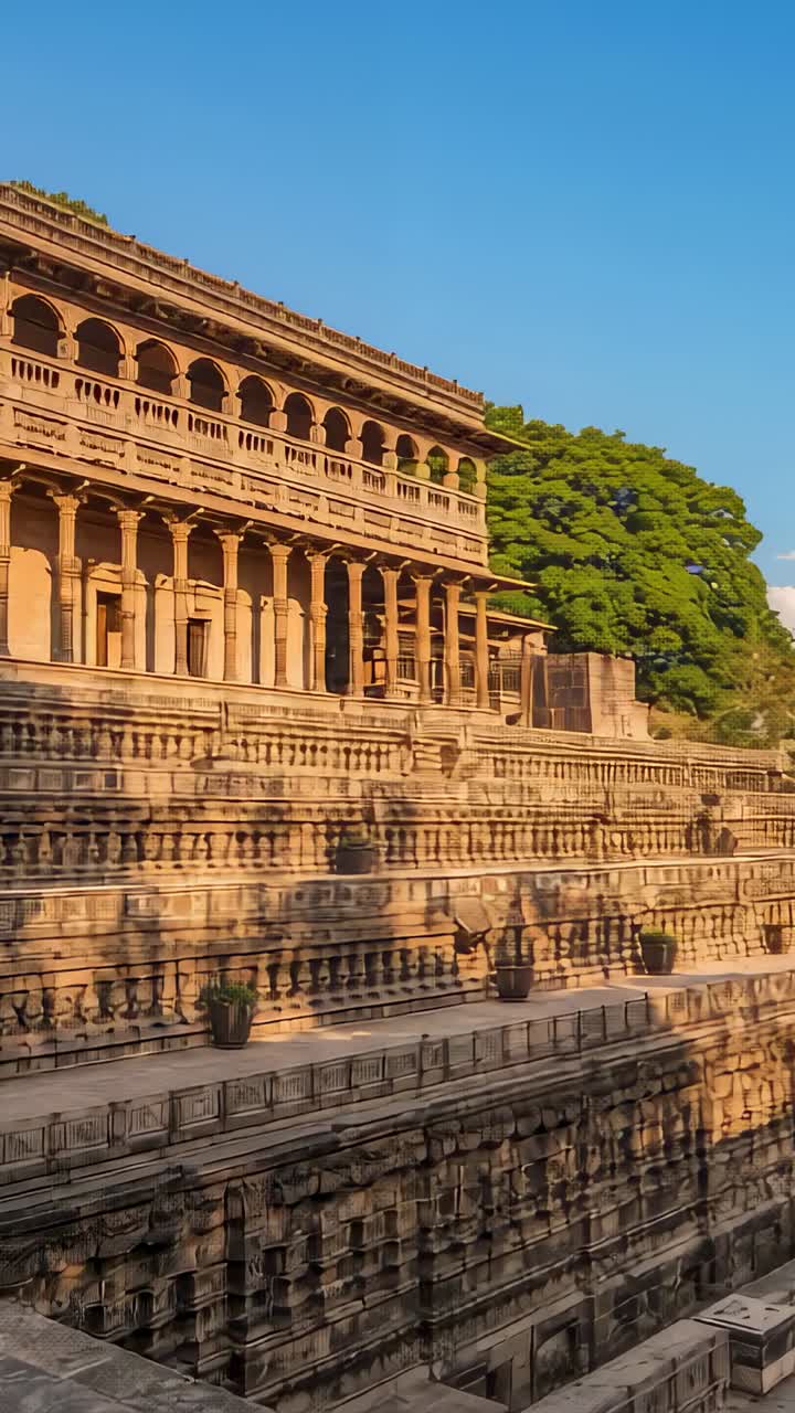 Vertical video: Camera panning revealing stepwell, pillars and large leafy tree at heritage site