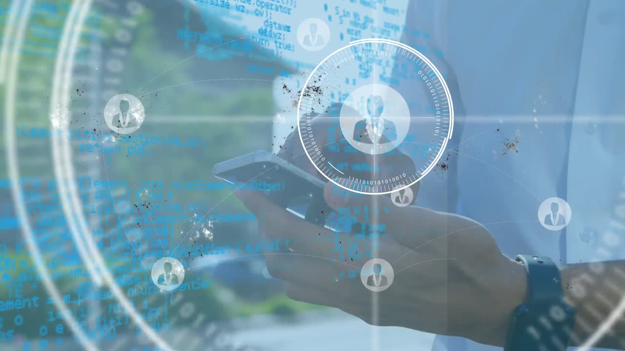 animación de la red de conexiones y el mundo sobre los hombres caucásicos que usan teléfonos inteligentes