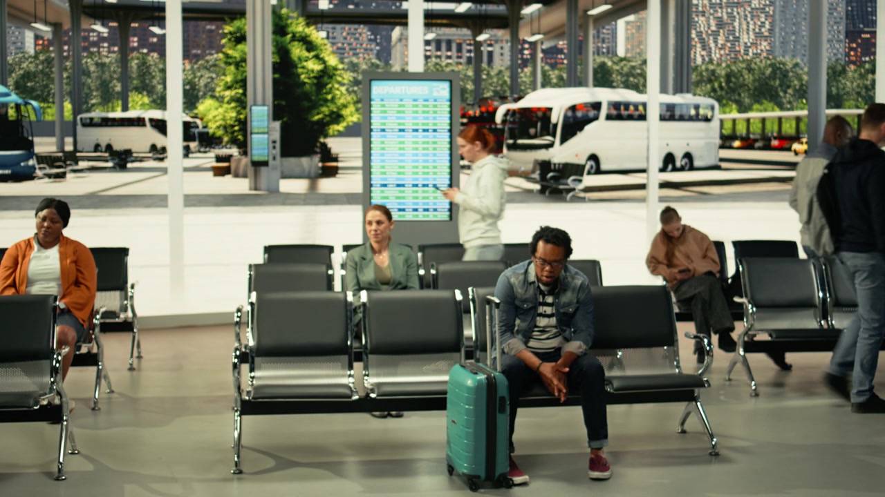 Terminal affollato degli autobus con persone che si preparano per un viaggio internazionale in pullman.