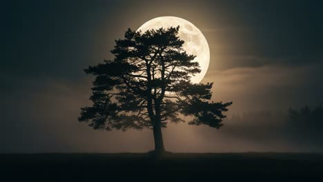 a majestic tree silhouetted against a full moon, surrounded by ethereal mist, creating a mysterious and enchanting nighttime landscape