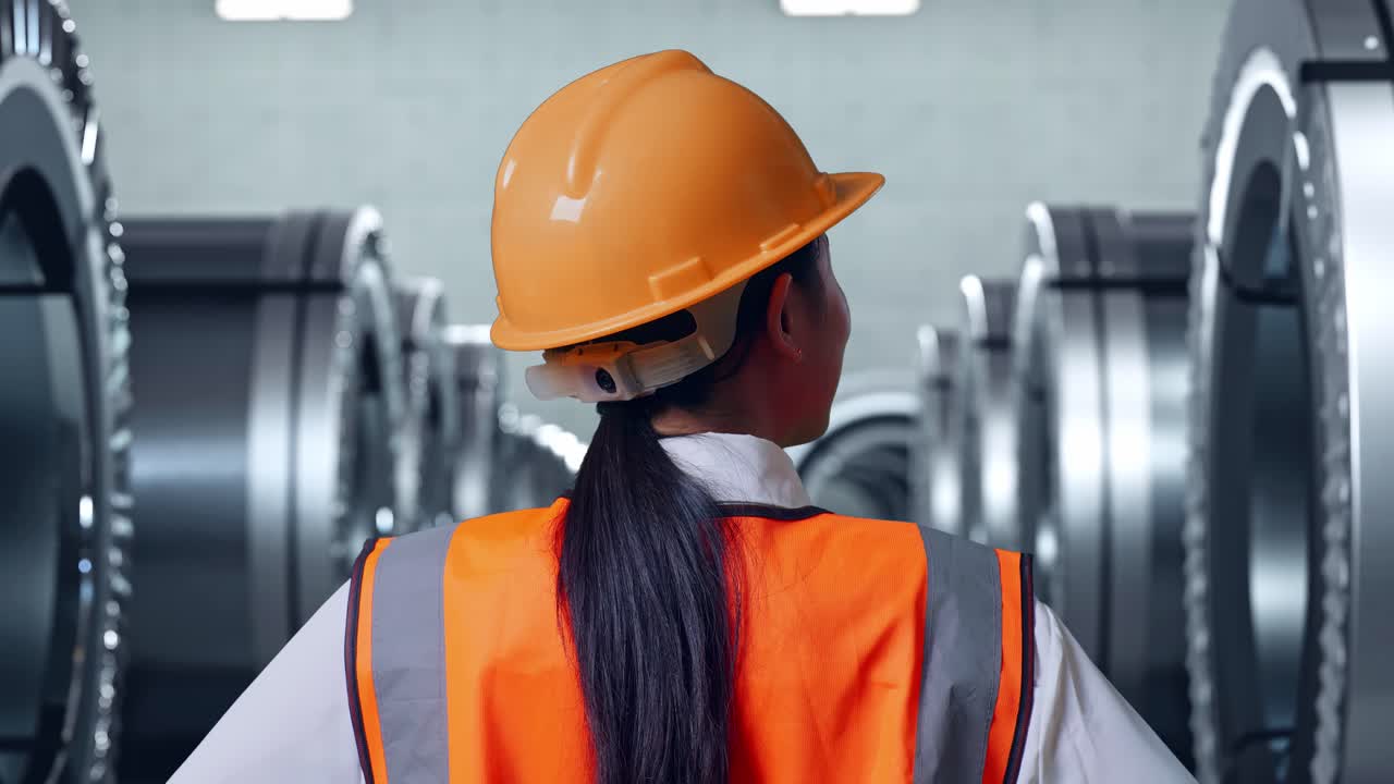 vista posterior cercana de una ingeniera que usa un casco de seguridad mirando a su alrededor mientras está de pie con los brazos akimbo en una fábrica de metal