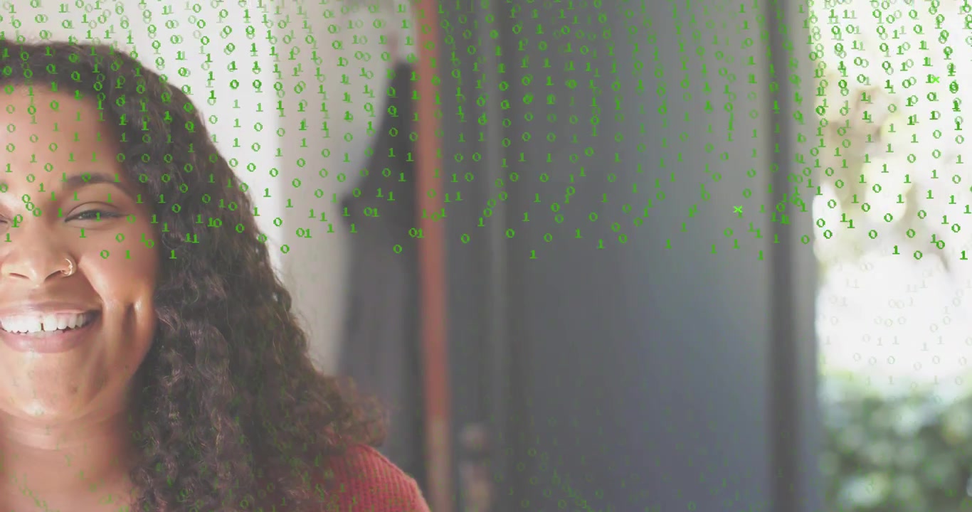 Woman standing in entryway initiating digital scan green binary code swirling around doorway fading