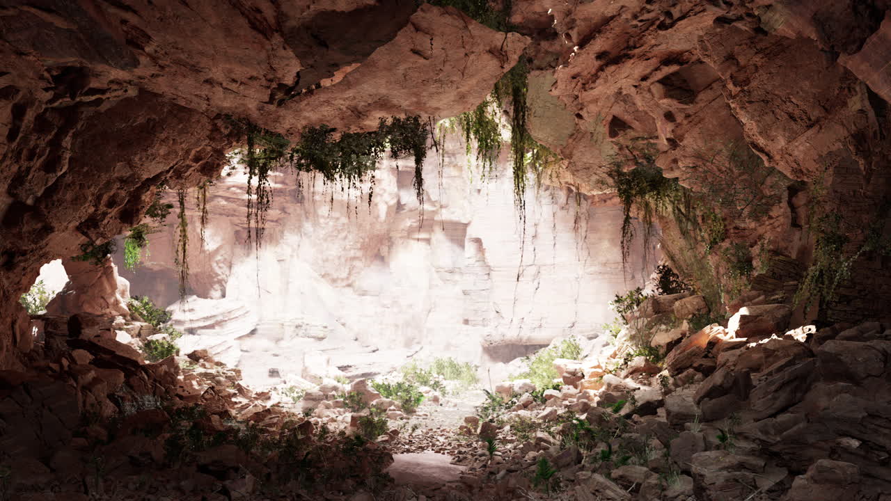 una cueva de piedra caliza con plantas y sol dentro