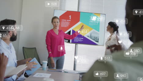 presenting data to colleagues in office, businesswoman with social media engagement animation