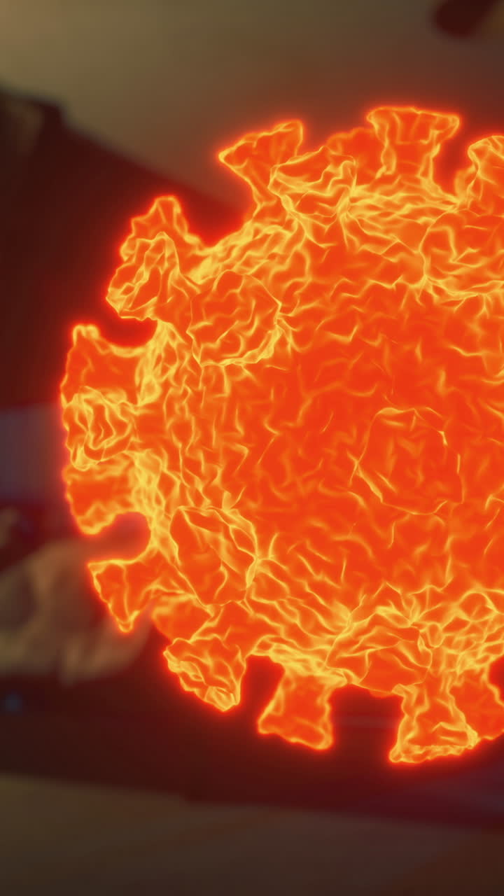 Bright red virus symbol glowing in a dark bedroom environment at night