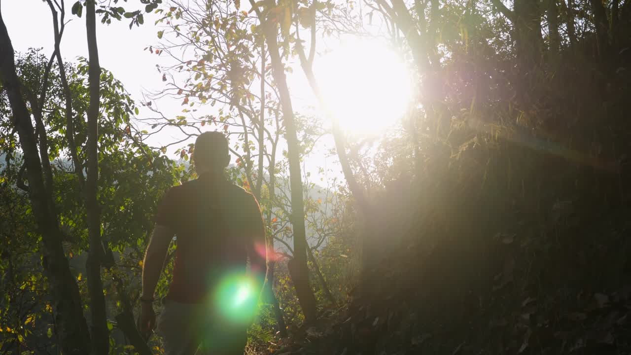 Joven haciendo senderismo por un sendero forestal llegando a la cima. Mochilero caminando por la montaña al atardecer con destello de lente. Senderistas caminando por un bosque otoñal con un fondo de amanecer cinematográfico. Cámara lenta.