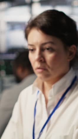 vertical video fatigued data center engineer stretching, monitoring server clusters