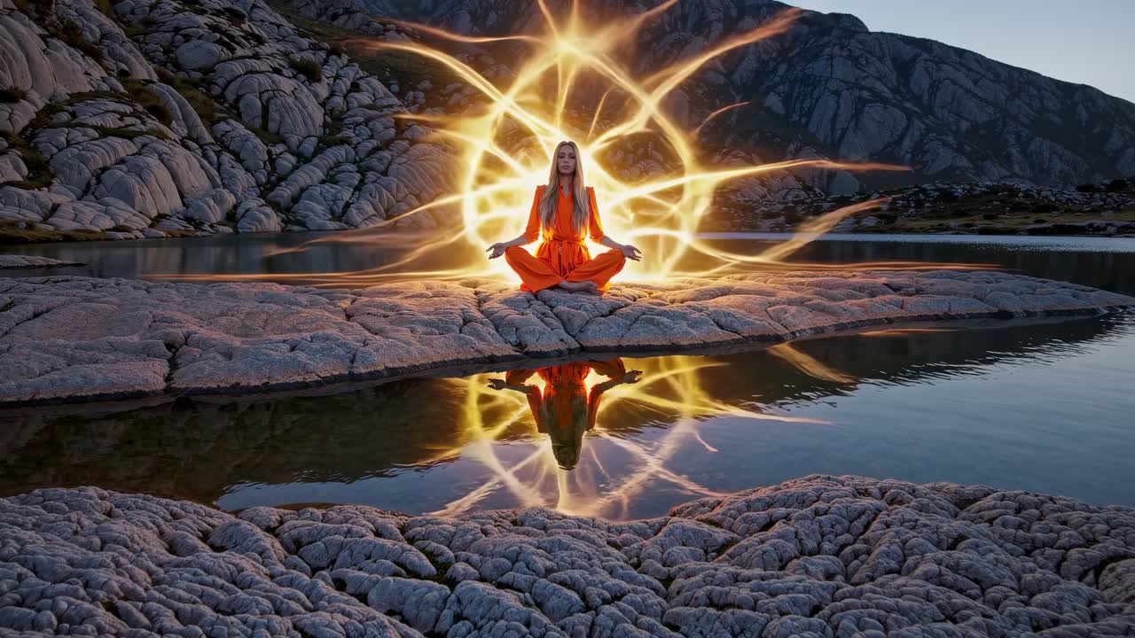 Golden energy aura enveloping woman meditating peacefully on rocky lakeside, mountain landscape bathed in warm sunset glow, embodying spiritual tranquility and inner harmony