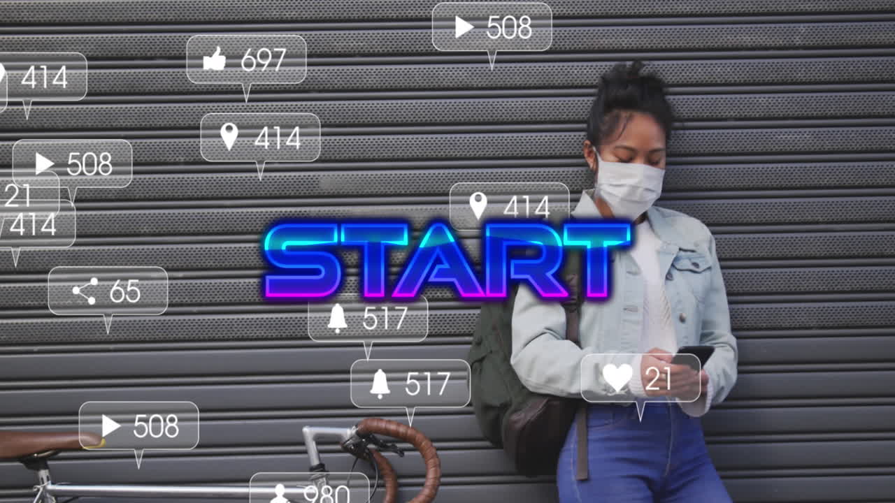 Animation of text, start, with social media notifications over woman in face mask using smartphone